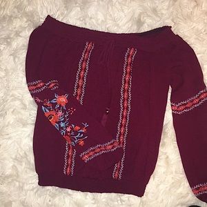 Cute long sleeve maroon off the shoulder top